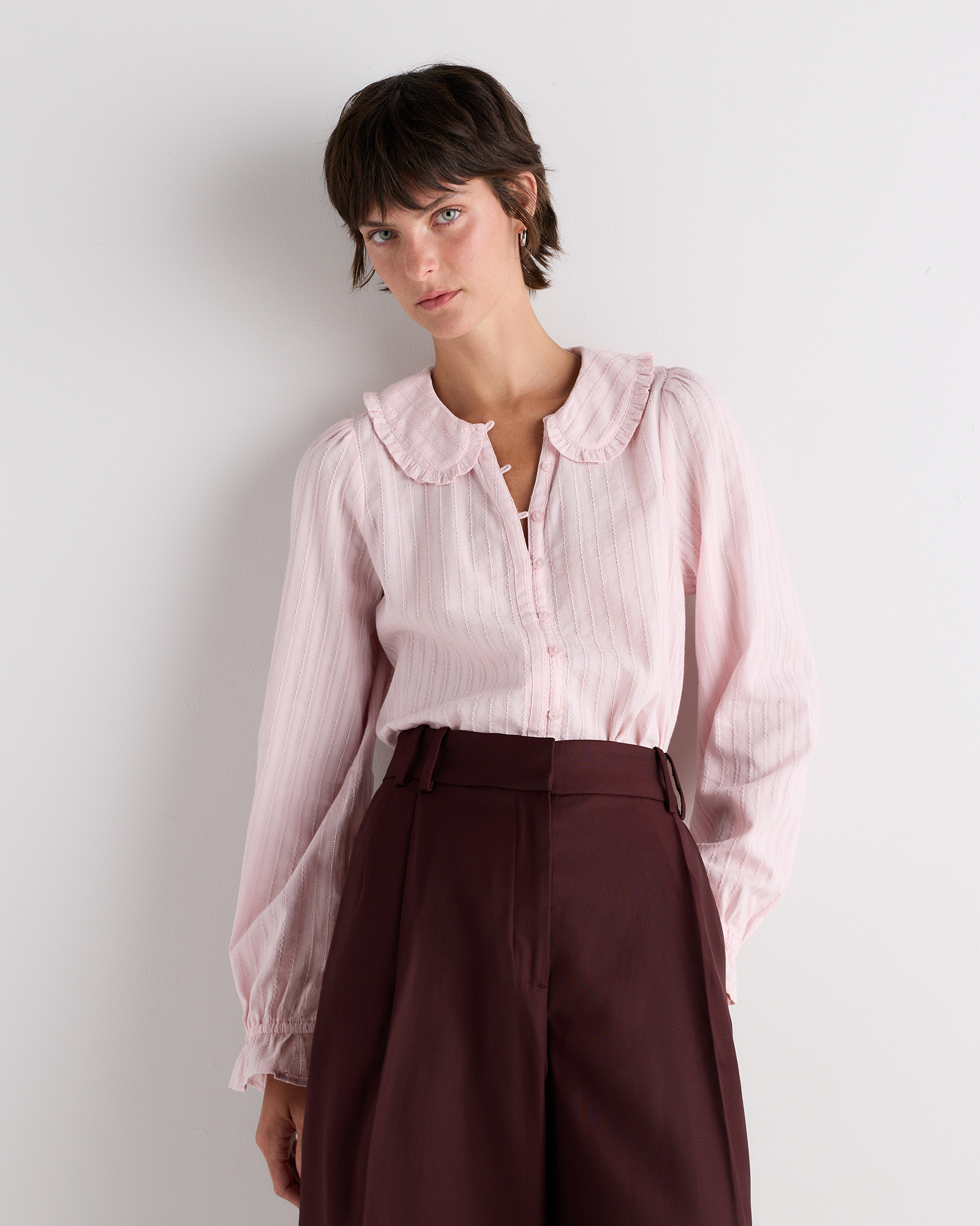 Embroidered Cotton Ruffle Collar Long Sleeve Blouse