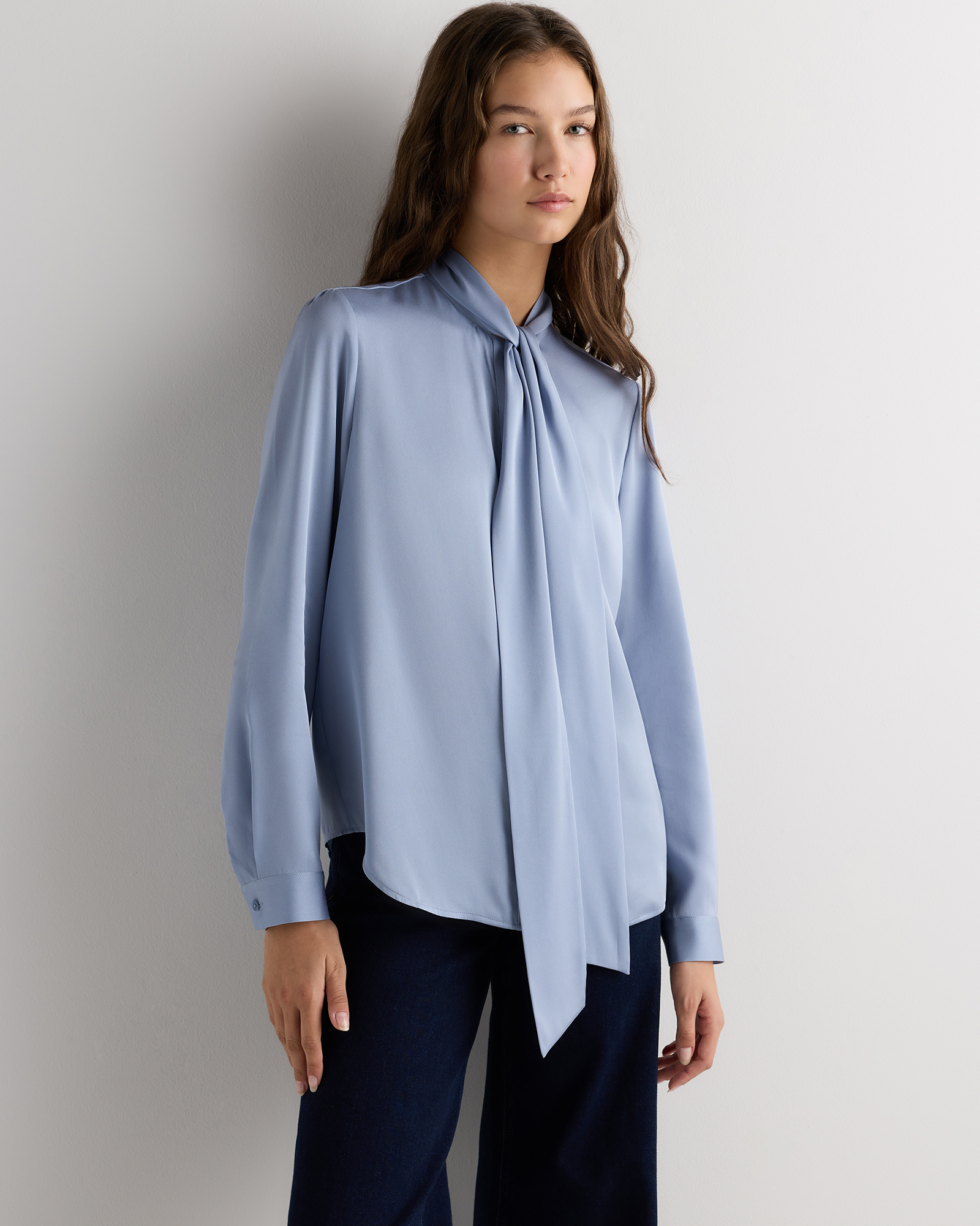 Washable Stretch Silk Tie Neck Blouse