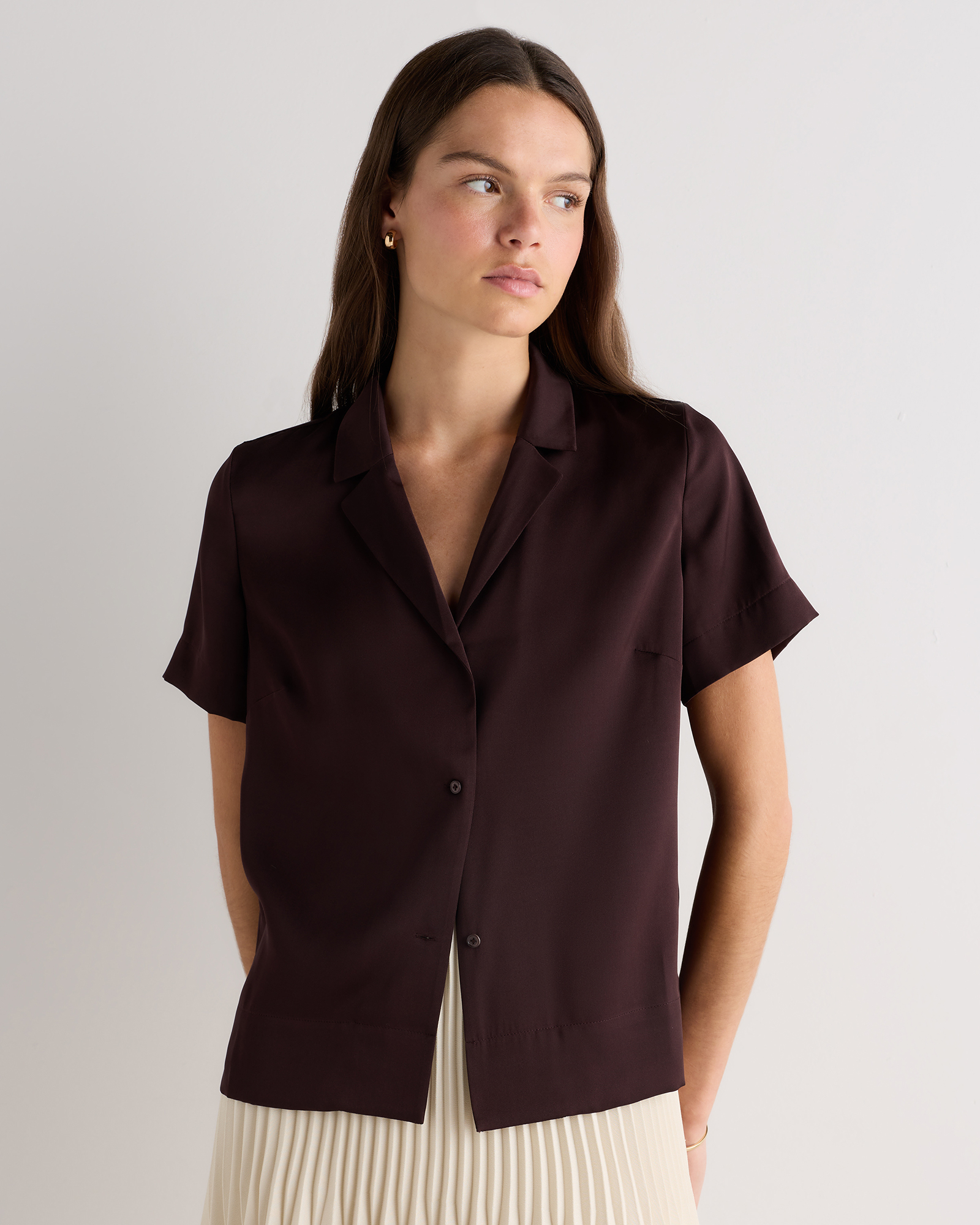 Washable Stretch Silk Short Sleeve Notch Collar Blouse