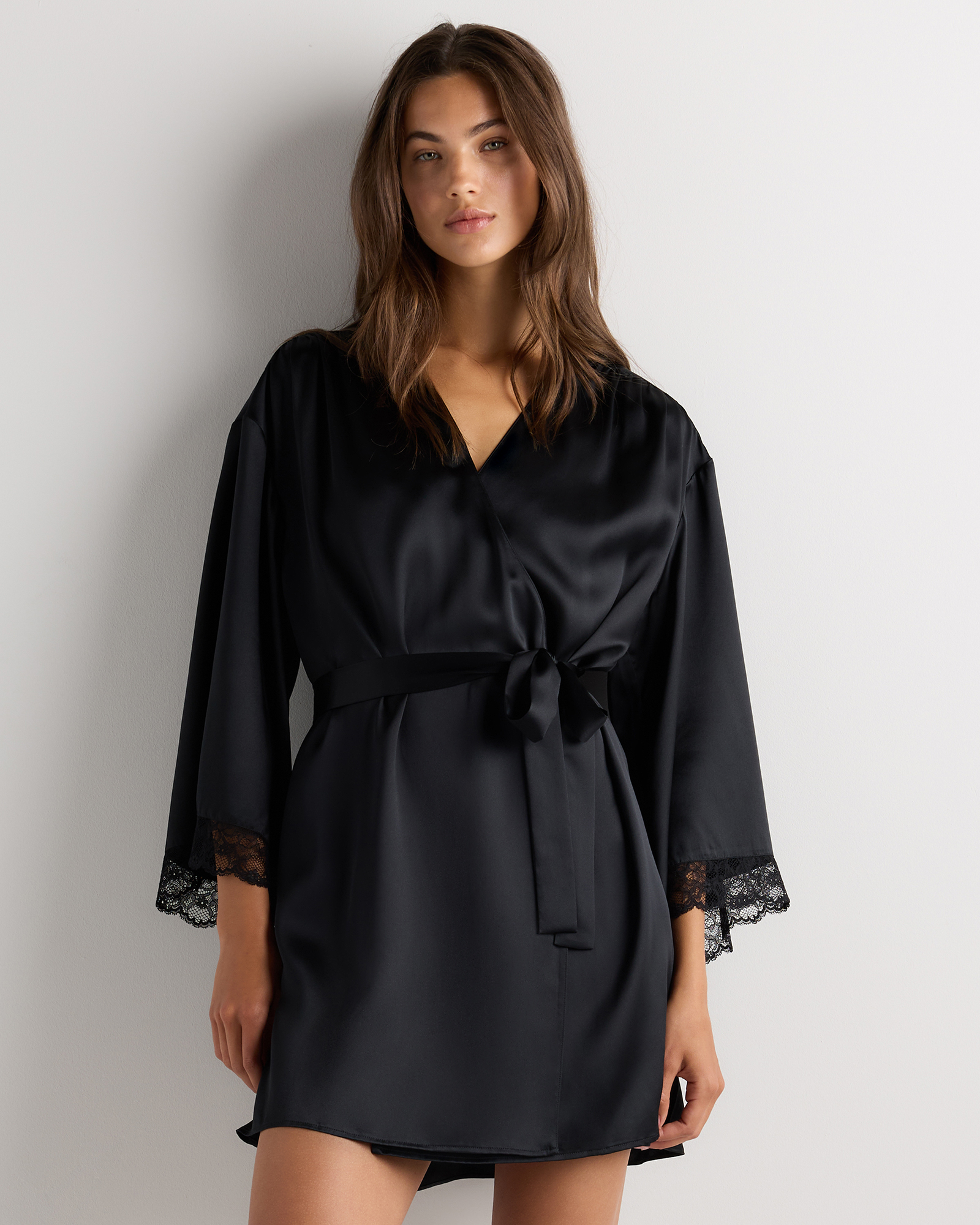 100% Washable Silk Satin Lace Trim Robe