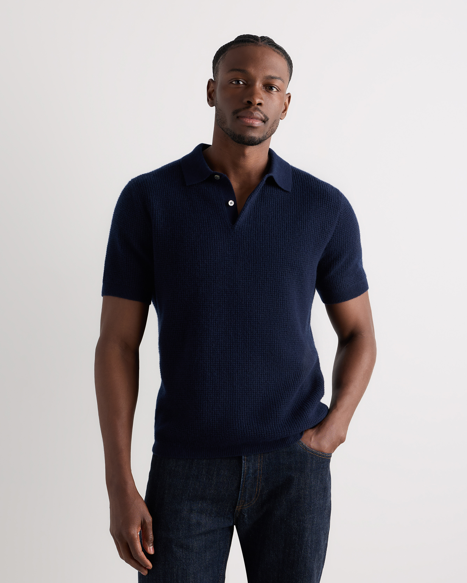 Mongolian Cashmere Waffle Short Sleeve Polo Sweater