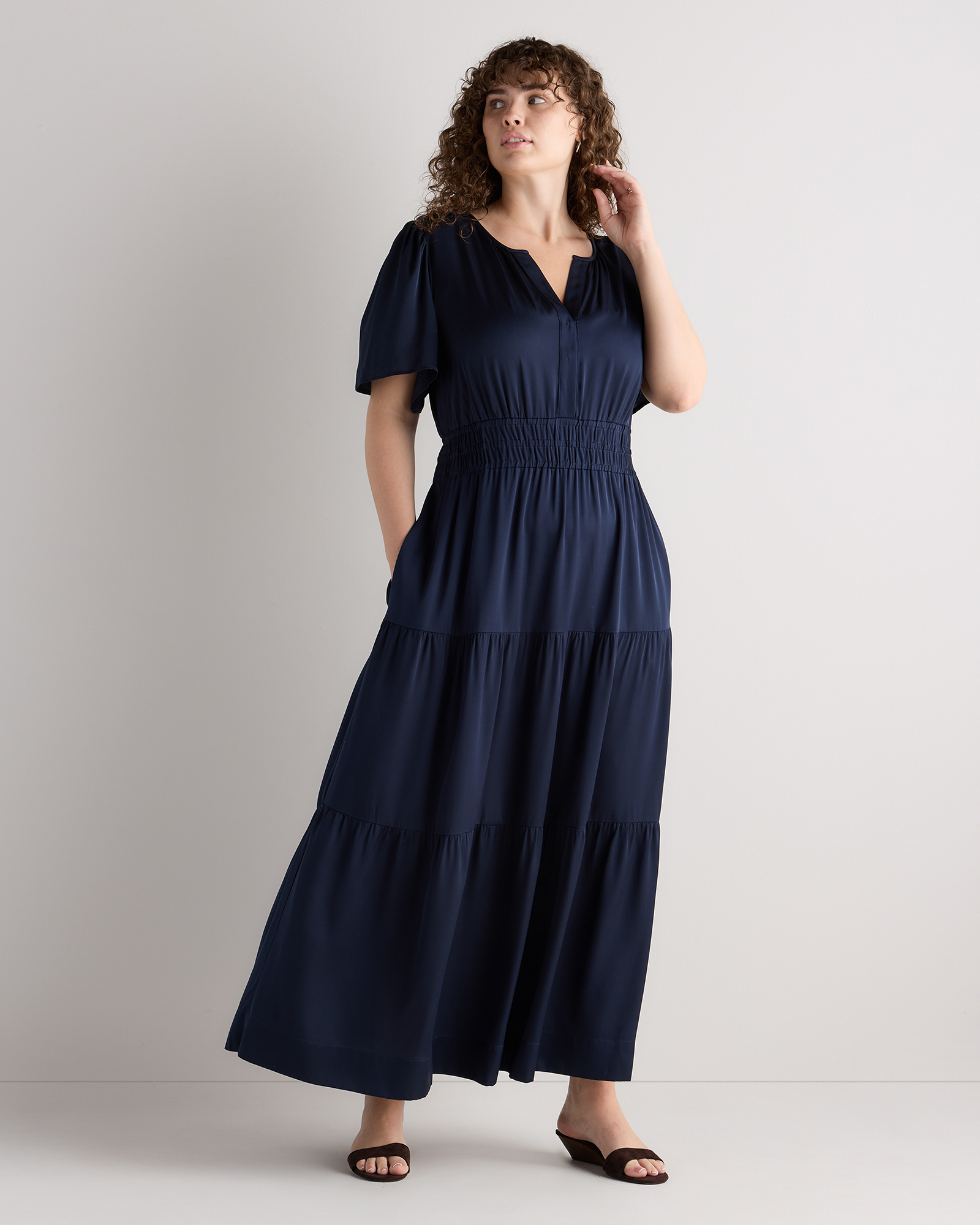 Washable Stretch Silk Tiered Maxi Dress