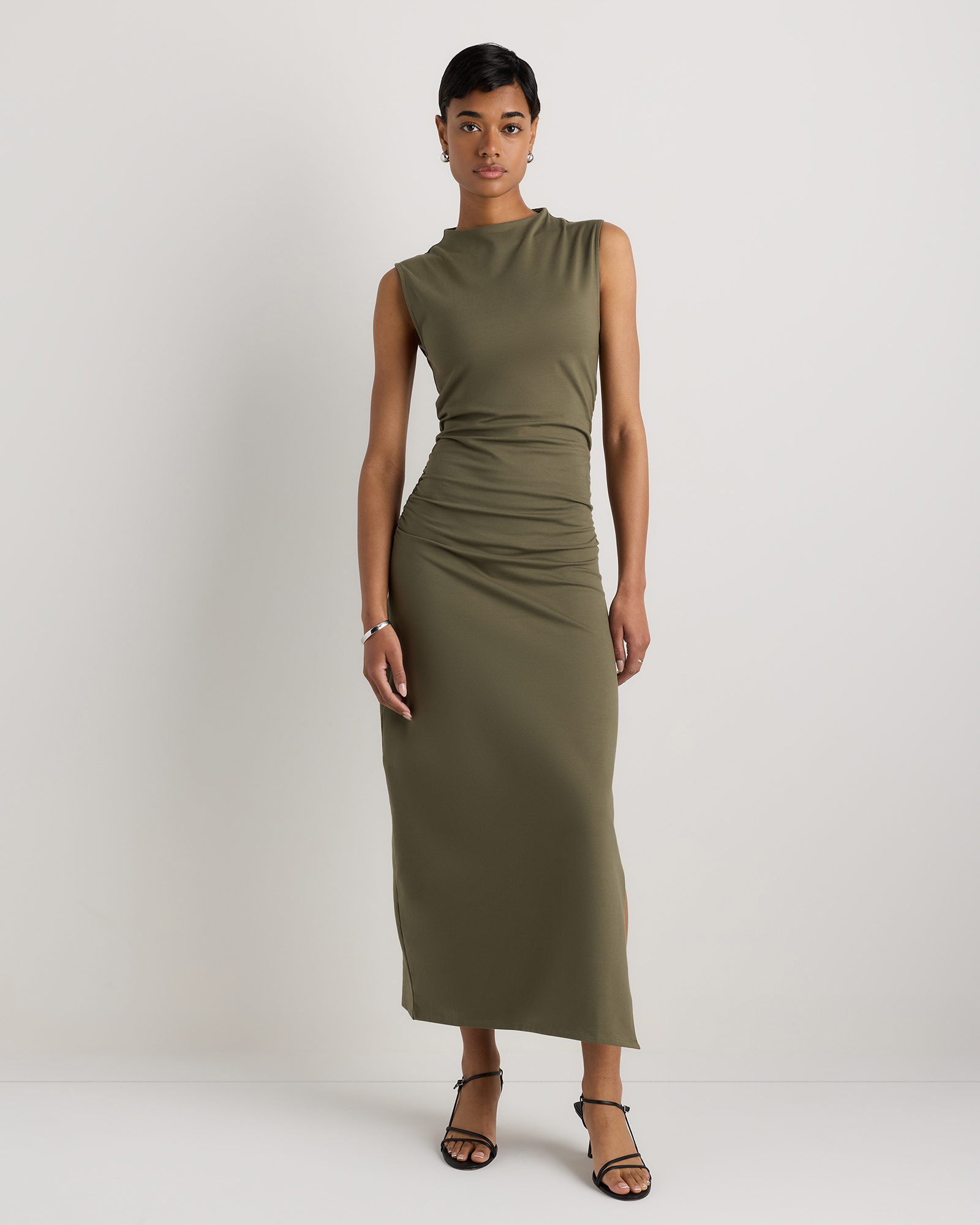 Stretch Cotton Jersey Mock Neck Midi Dress