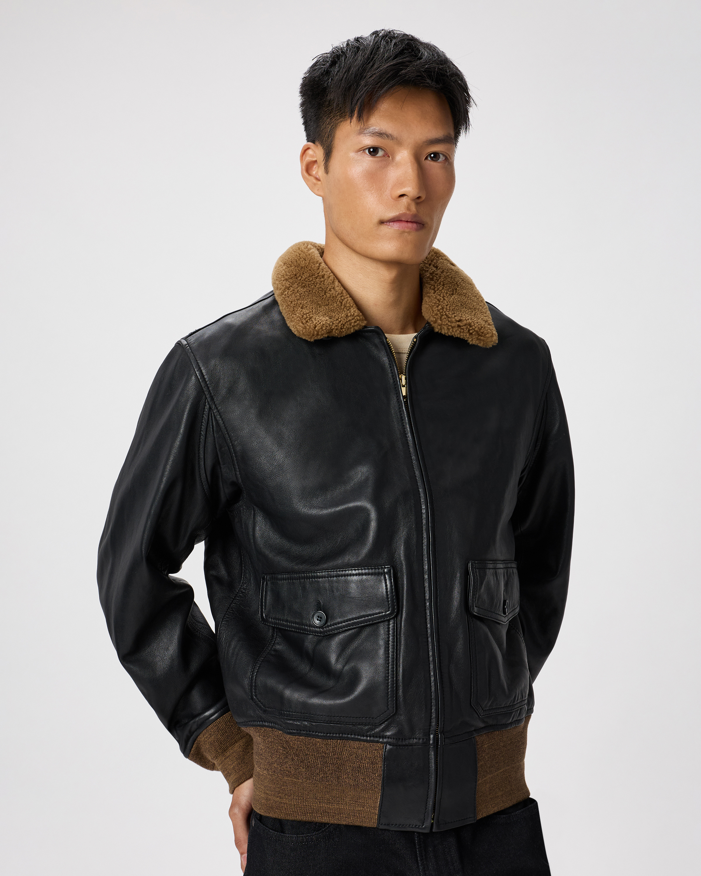 Shearling Collar Leather Flight Jacket