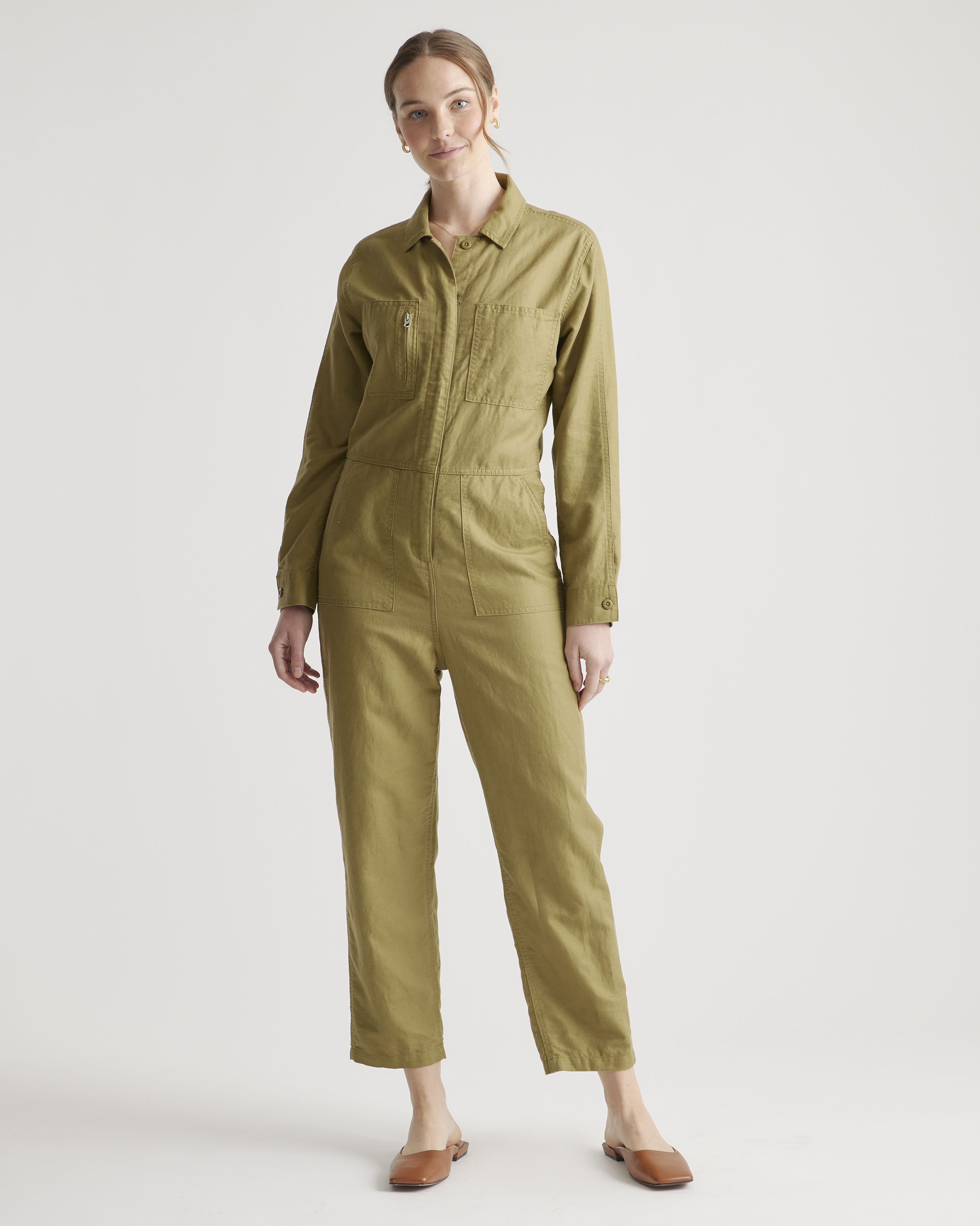Cotton Linen Twill Long Sleeve Coverall Jumpsuit