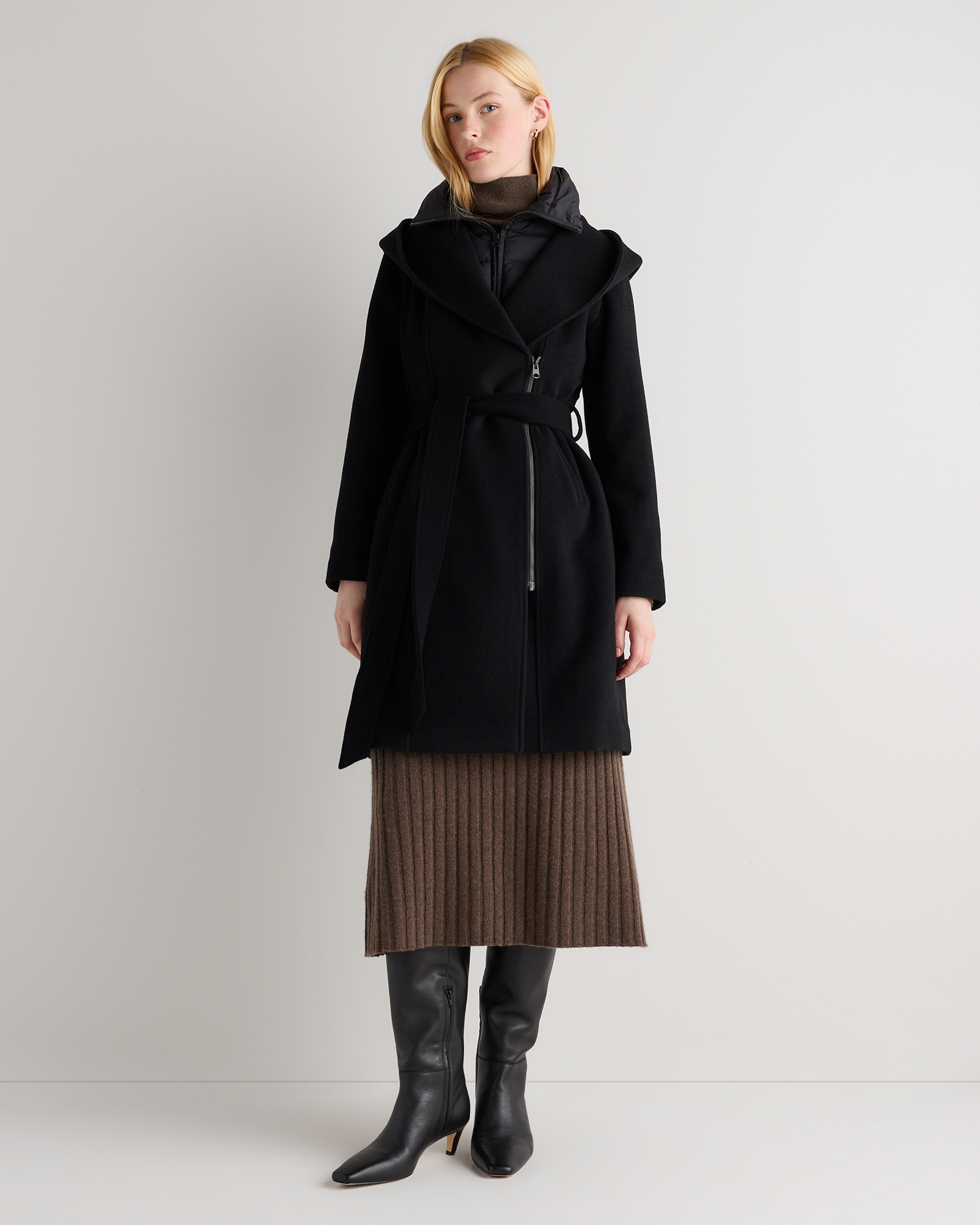 Wool Cashmere Hooded Wrap Coat with Removable Down Bib
