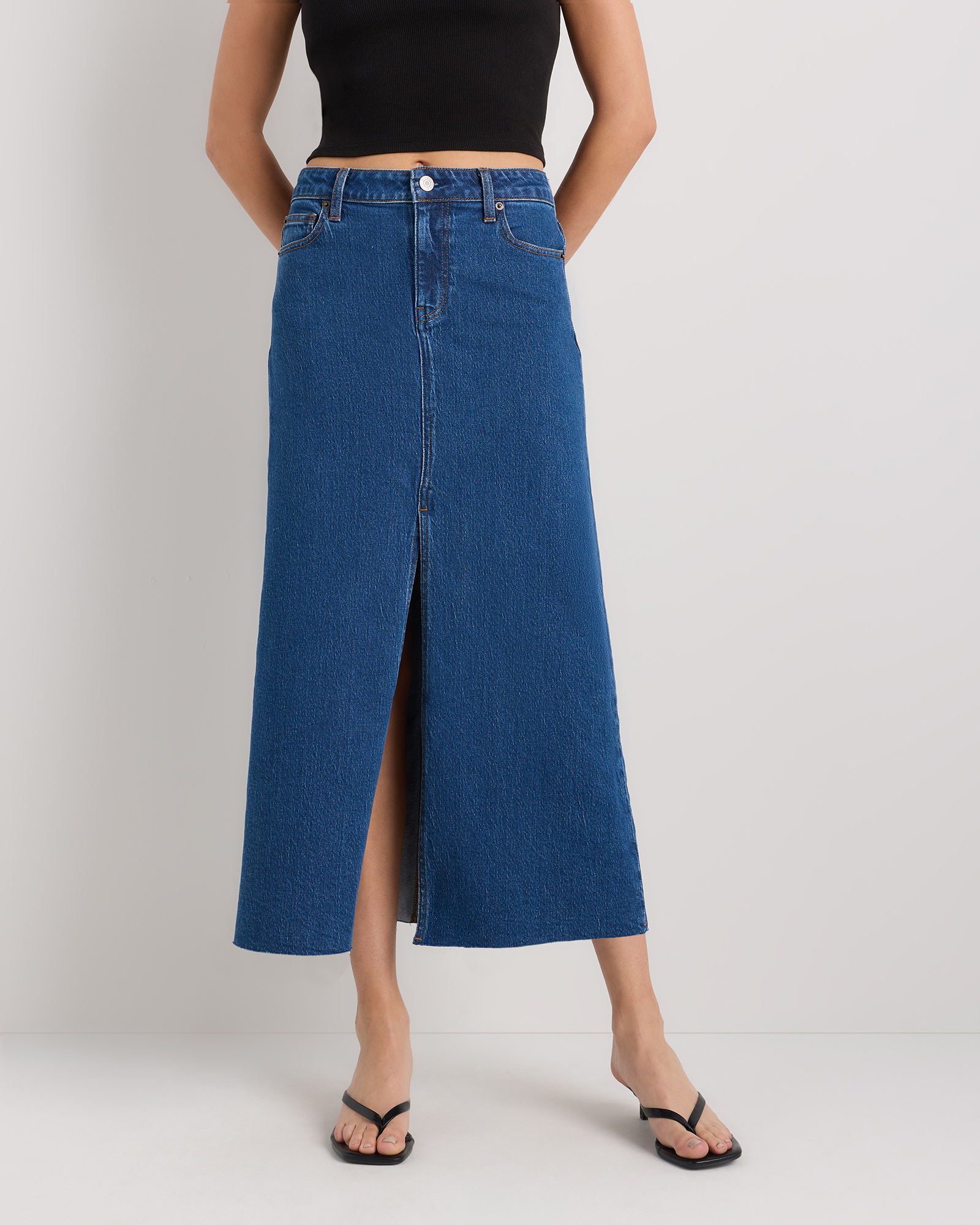Stretch Denim 5-Pocket Midi Skirt