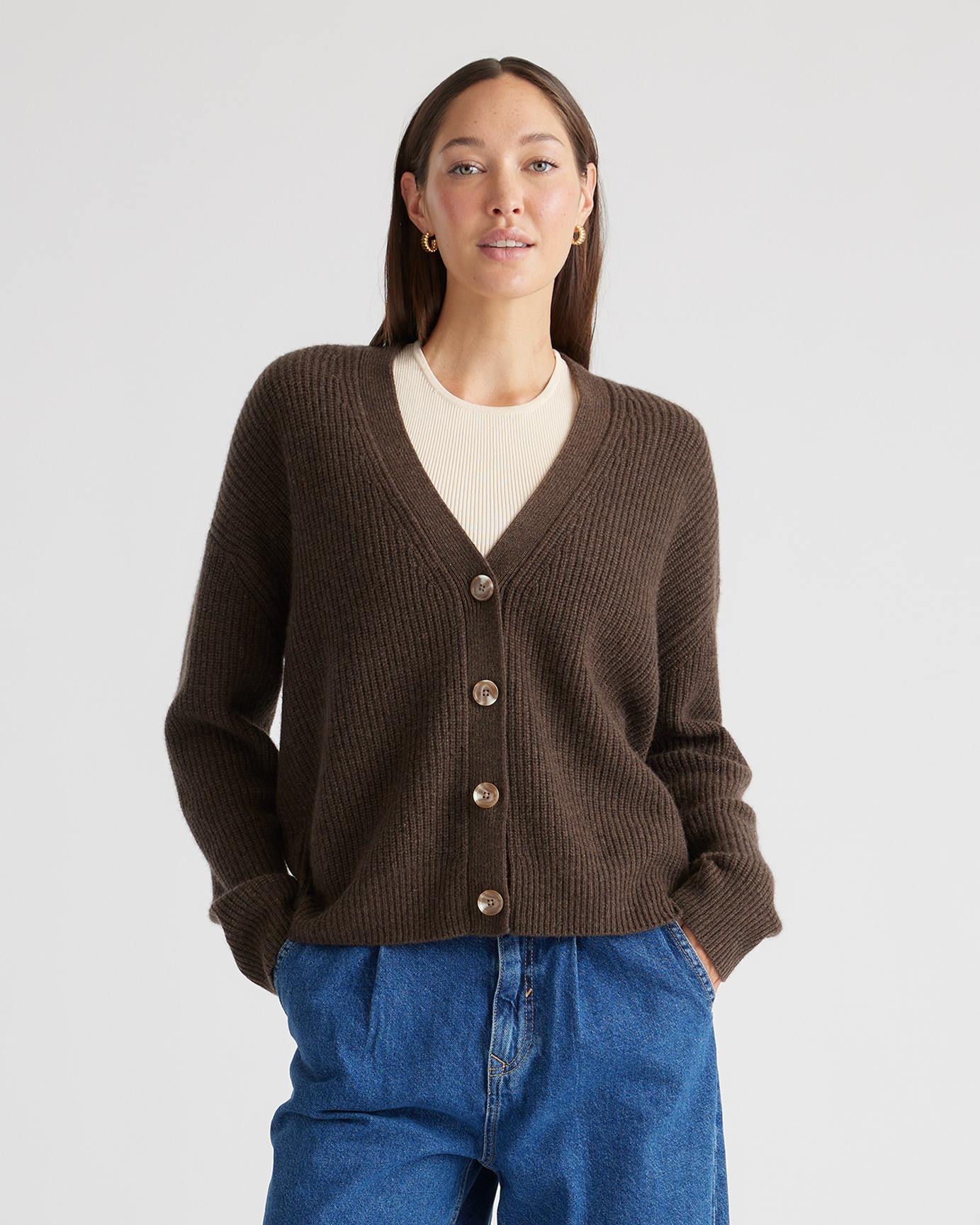Mongolian Spring Cashmere Fisherman Boxy Cropped Cardigan Sweater