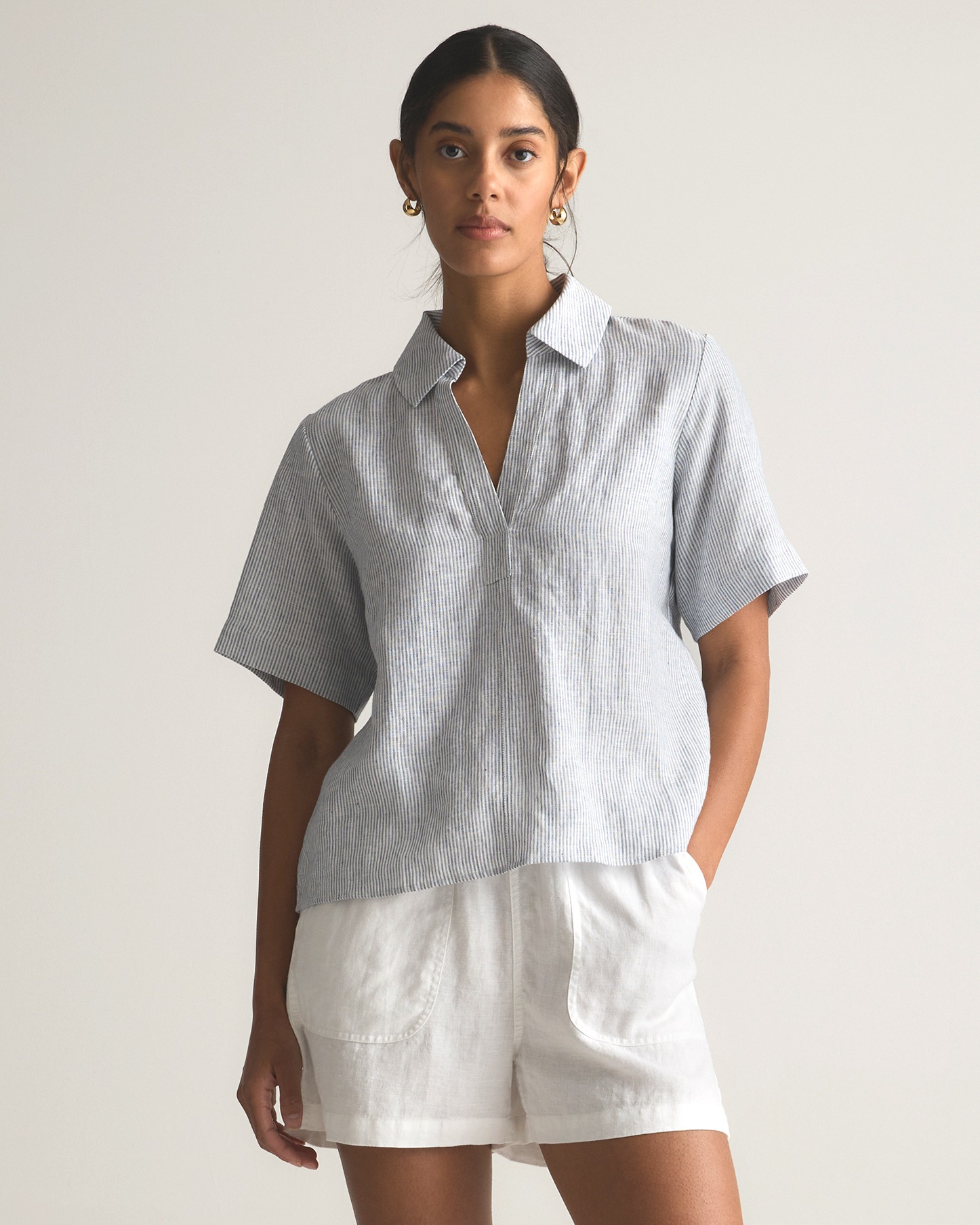 100% European Linen Short Sleeve Popover Top