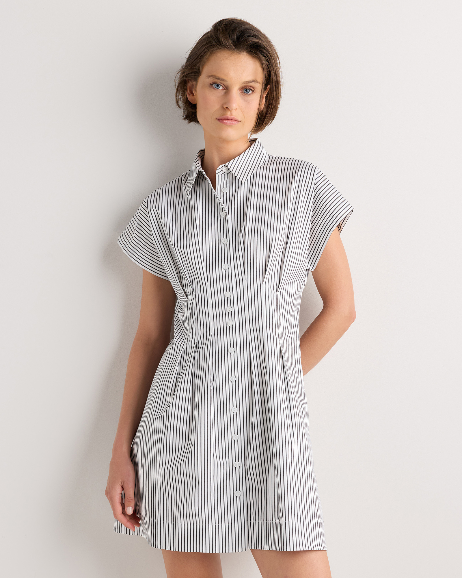 Stretch Twill Pleated Mini Shirt Dress