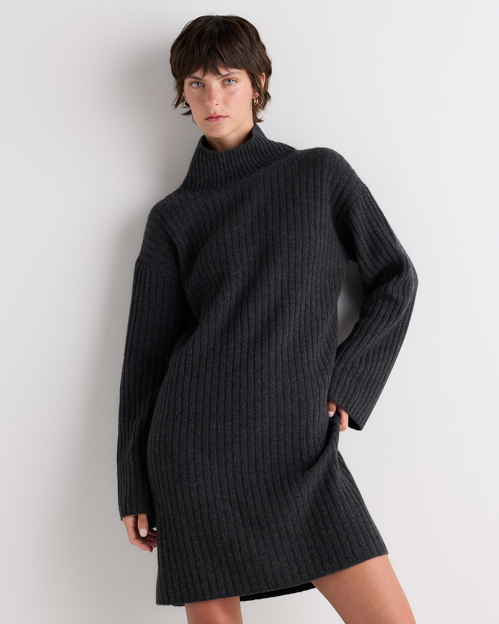 Mongolian Cashmere Ribbed Turtleneck Mini Dress